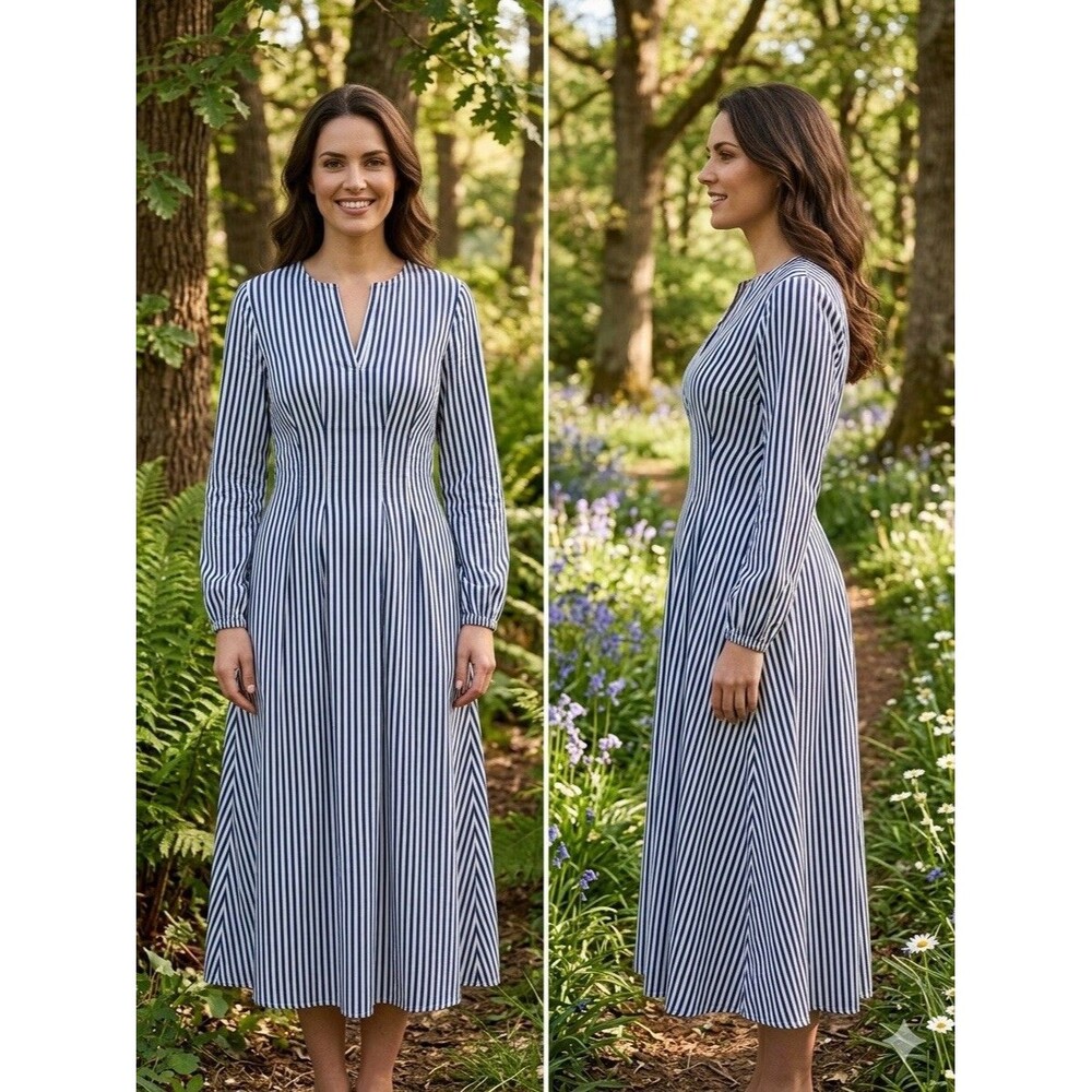 NWT Oak & Trellis Navy White Striped Long Sleeve Smocked Waist Mid Dress Women S